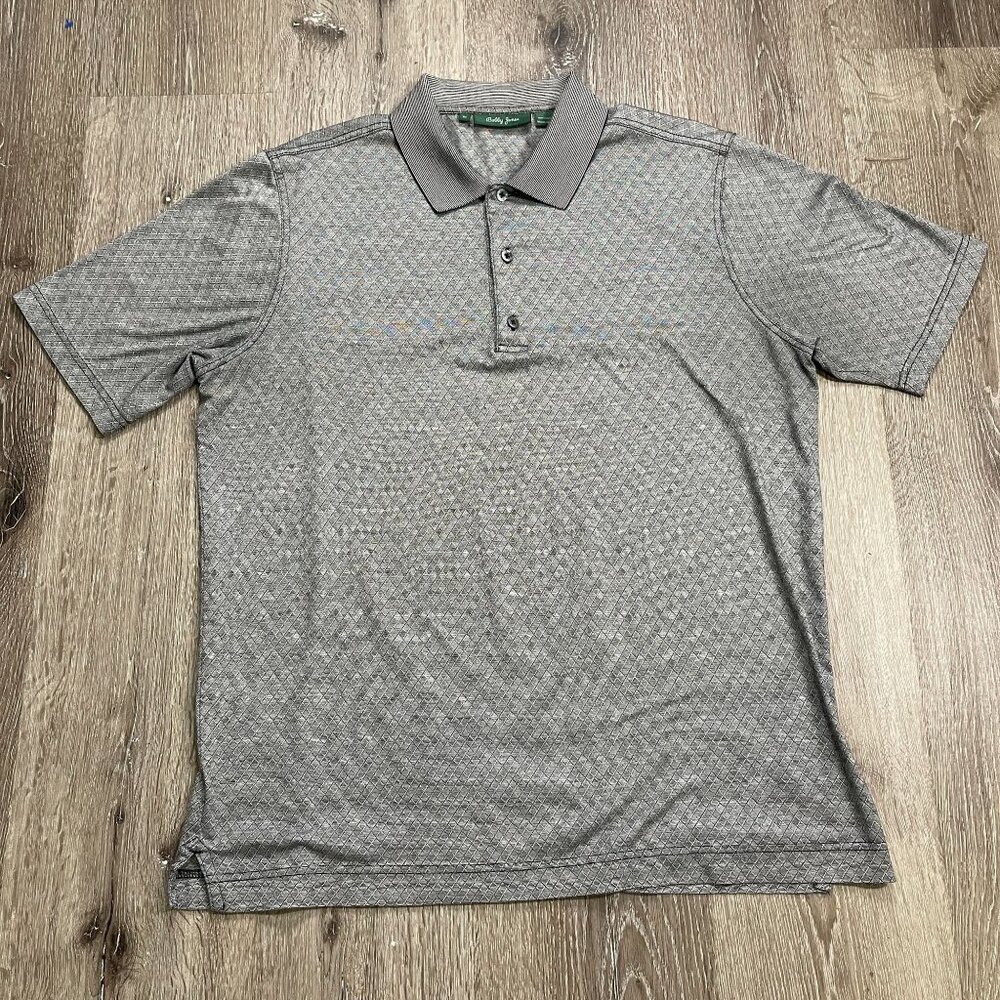 Bobby Jones Mens Gray Polo Shirt Medium 100% Cotton Diamond Pattern Short Sleeve